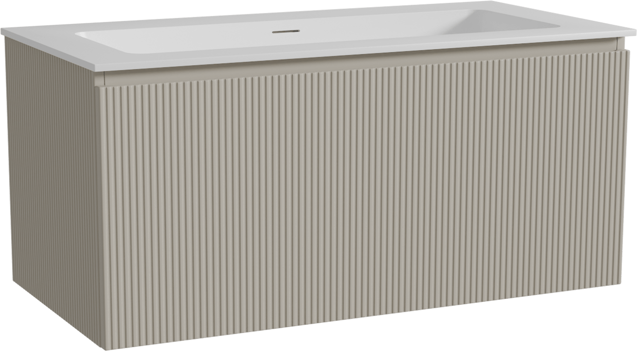 Storke Ribs zwevend badmeubel 105 x 52 cm zijdegrijs met Mata enkele wastafel voor 2 kraangaten in solid surface mat wit, Verticale symmetrische rechte ribbel