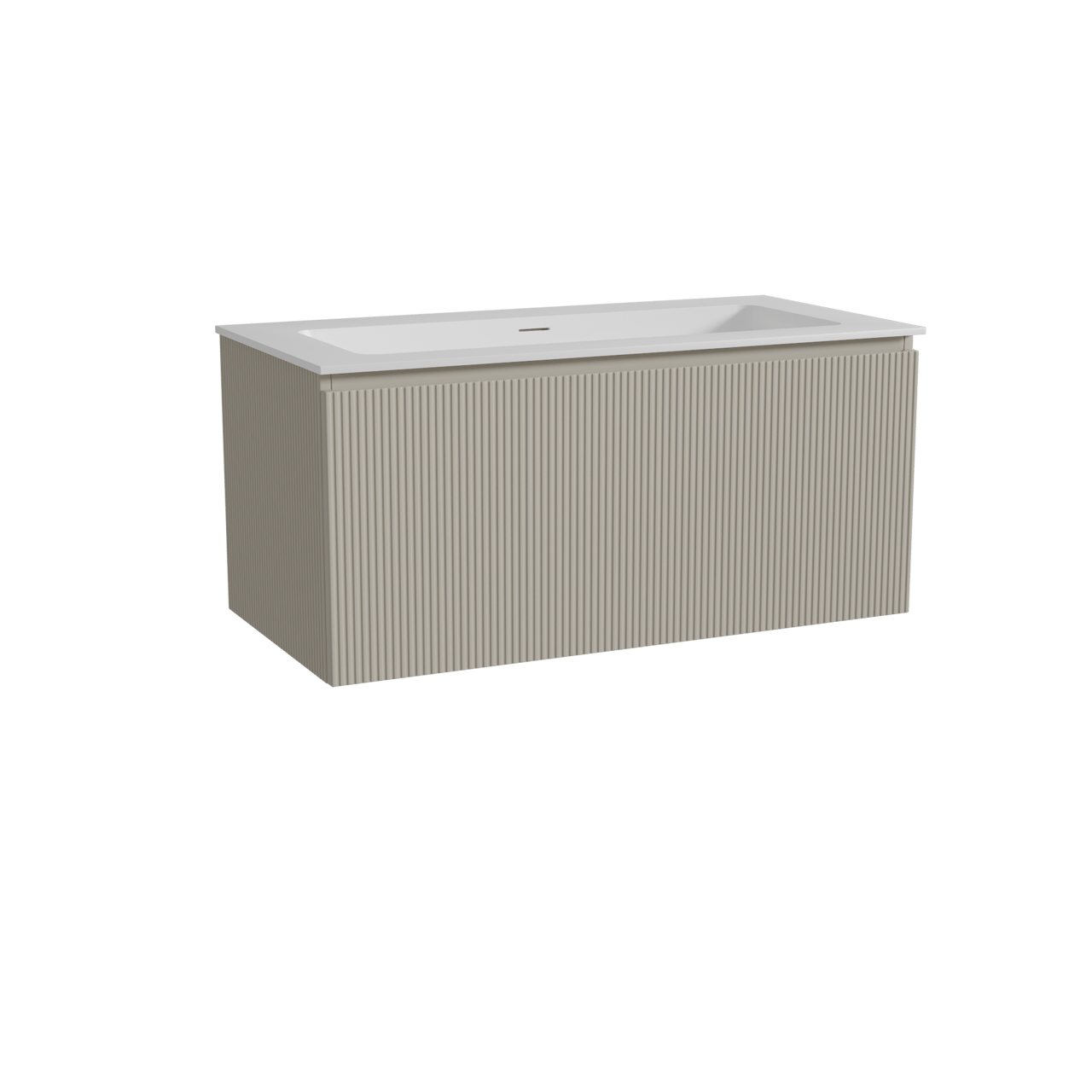 Storke Ribs zwevend badkamermeubel 105 x 52 cm zijdegrijs met Mata enkele wastafel voor 2 kraangaten in solid surface mat wit, Verticale symmetrische rechte ribbel