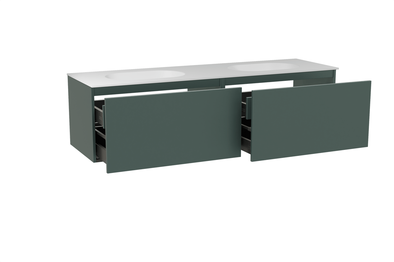 Balmani Sfera zwevend badmeubel 180 x 55 cm forest met Tablo Oval dubbele wastafel in solid surface mat wit