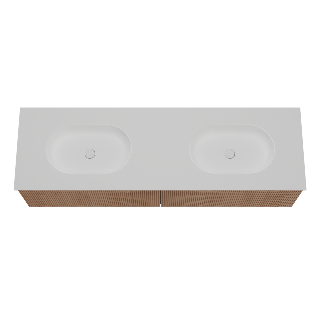 Balmani Forma hängendes Möbelstück Set: 180 x 55 cm, Naturbelassene Eiche, mit Tablo Oval Doppelwaschtisch, Solid Surface, Weiß matt, Vertikale symmetrische gerade Rippe