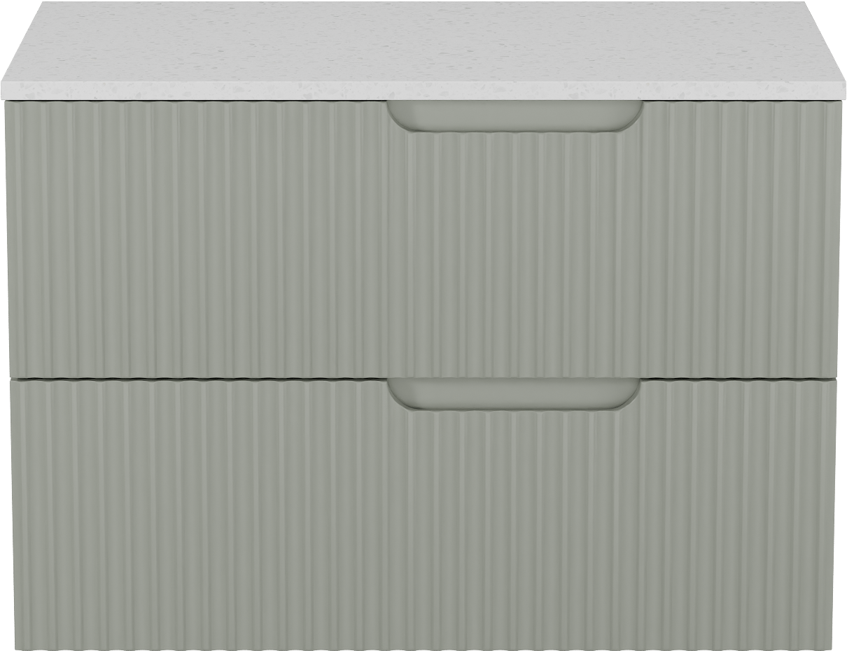 Linie Ribbo zwevend badkamermeubel 80 x 46 cm greige met Lado enkel tablet in melamine terrazzo wit, Verticale symmetrische ronde ribbel