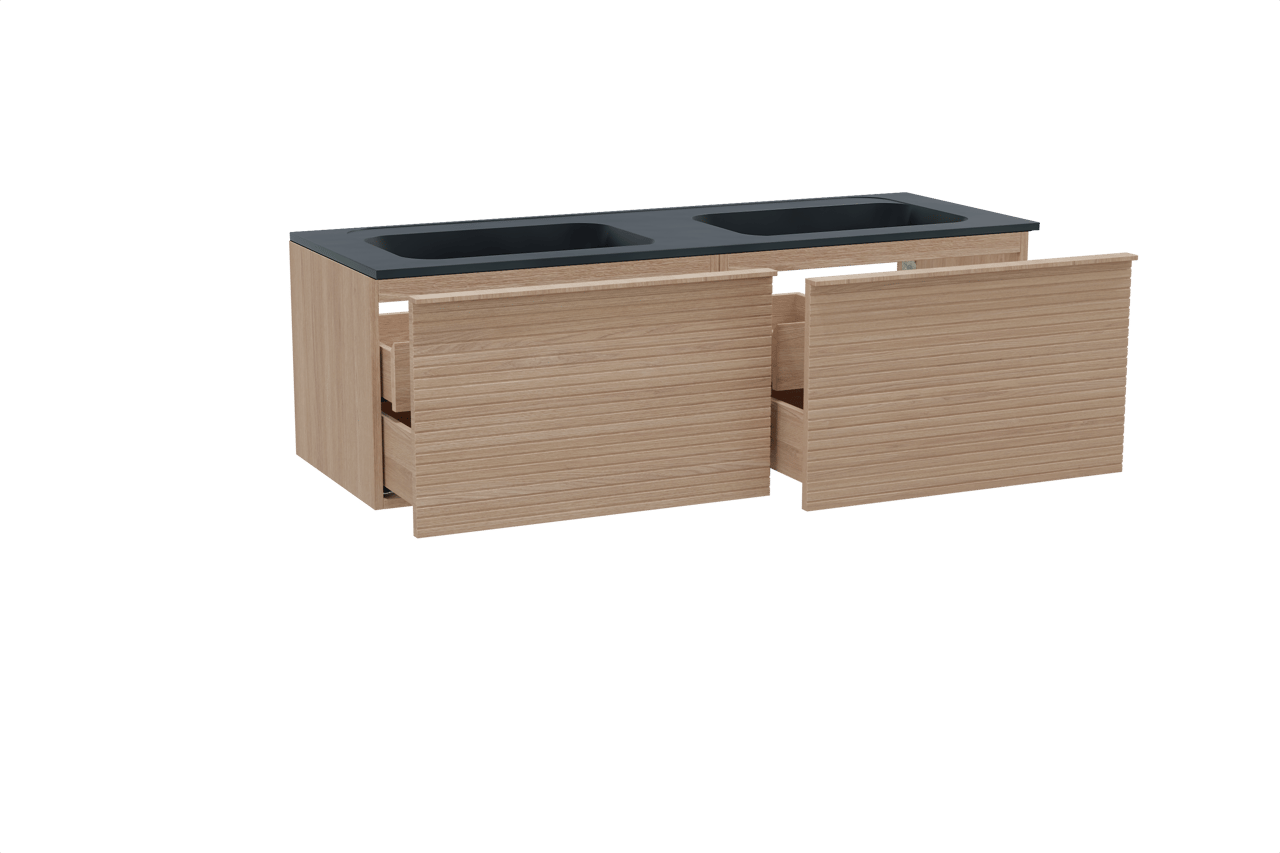 Balmani Forma zwevend badmeubel 150 x 55 cm naturel eiken met Tablo Strada dubbele wastafel in composietmarmer mat zwart, Horizontale symmetrische rechte ribbel