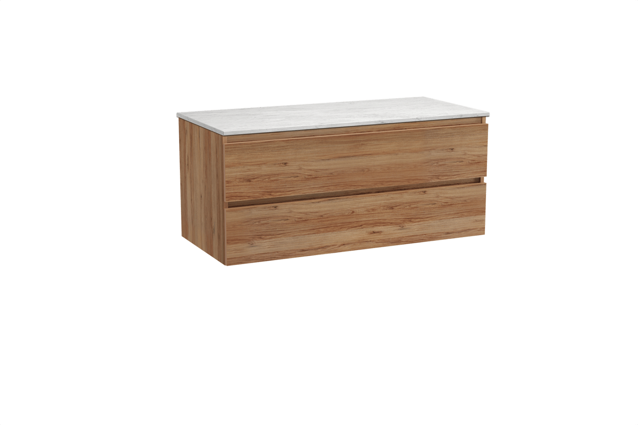 Balmani Lucida hängendes Möbelstück Set: 120 x 55 cm, Teak, mit Stretto Einzel- oder Doppel Waschtischplatte, Marmor Carrara