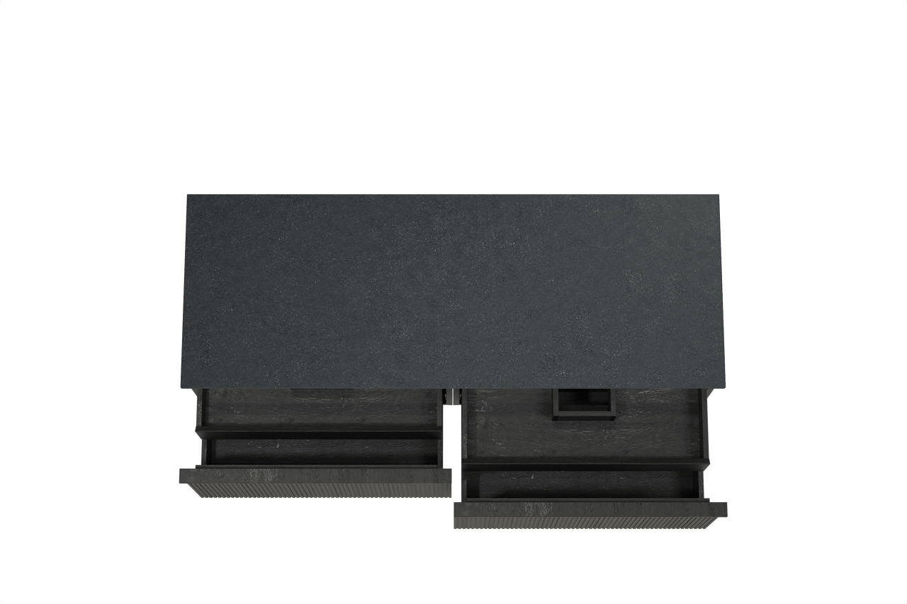Balmani Forma zwevend badkamermeubel 150 x 55 cm zwarte eik met Stretto enkel of dubbel tablet in graniet zwart, Verticale symmetrische rechte ribbel