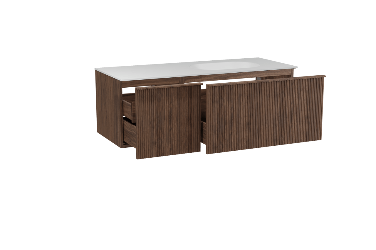 Balmani Forma meuble salle de bains suspendu 135 x 55 cm noyer américain avec Tablo Oval vasque asymétrique droite en solid surface blanc mat, Nervure droite symétrique verticale