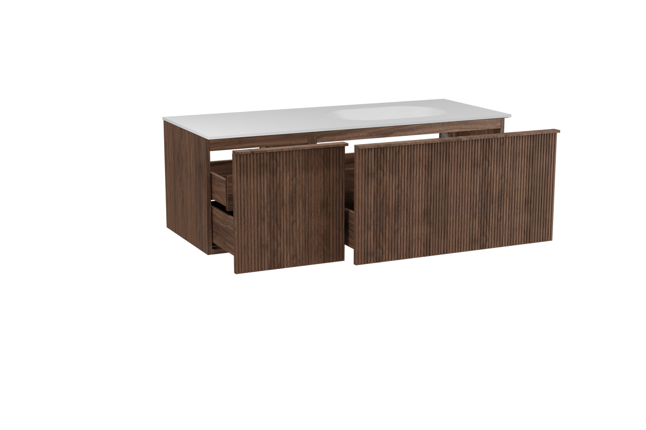 Balmani Forma hängendes Möbelstück Set: 135 x 55 cm, Amerikanischer Nussbaum, mit Tablo Oval Waschtisch rechts, Solid Surface, Weiß matt, Vertikale symmetrische gerade Rippe