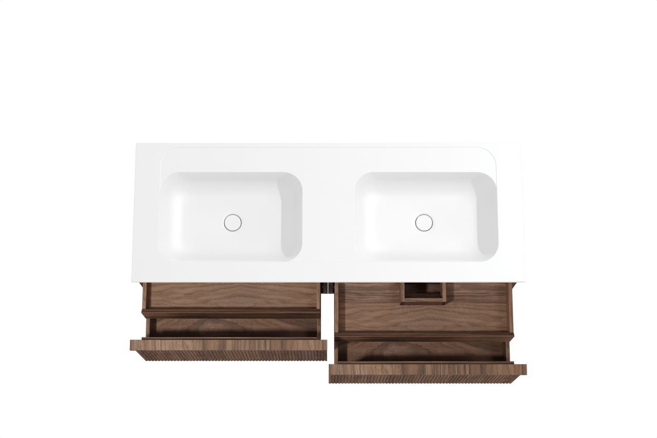 Balmani Forma zwevend badkamermeubel 150 x 55 cm amerikaanse notelaar met Tablo Strada dubbele wastafel in composietmarmer mat wit, Verticale symmetrische rechte ribbel