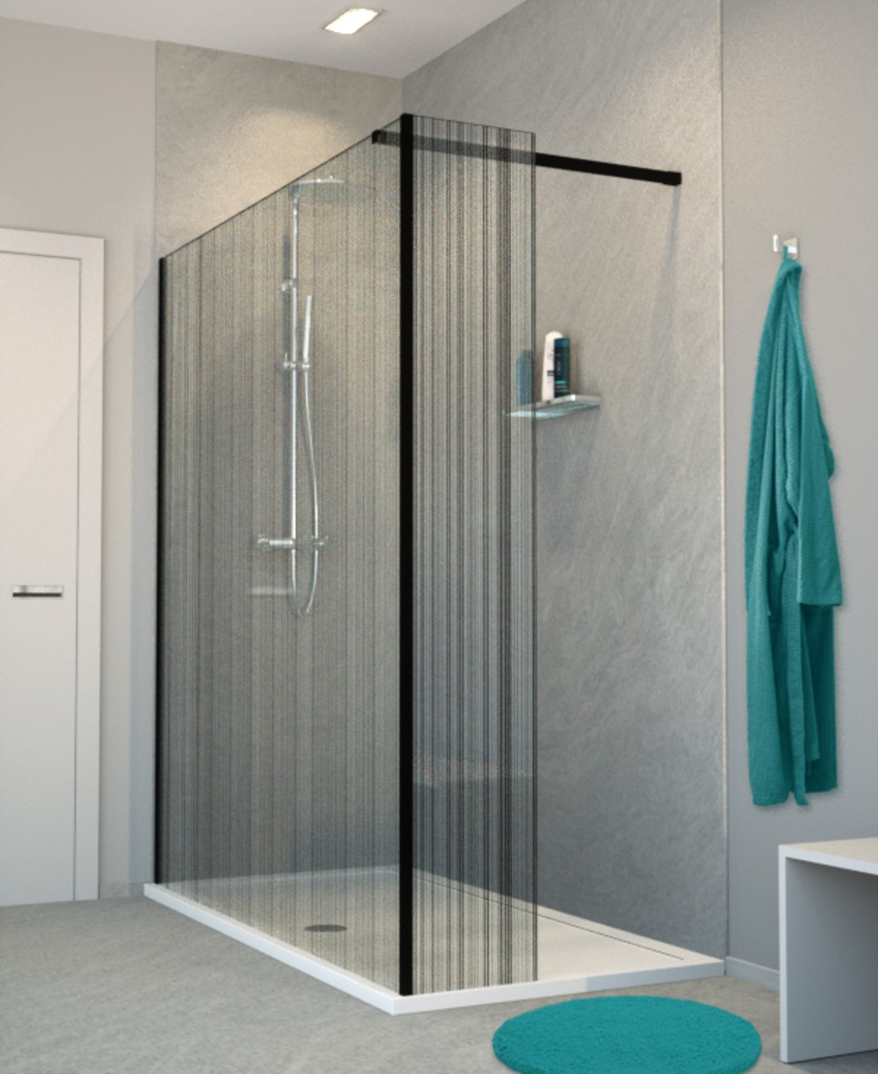 Balmani Modular Walk-In-Dusche mit fester Seitenwand 180 x 200 cm, Strichcode schwarz Glas , Profil schwarz matt