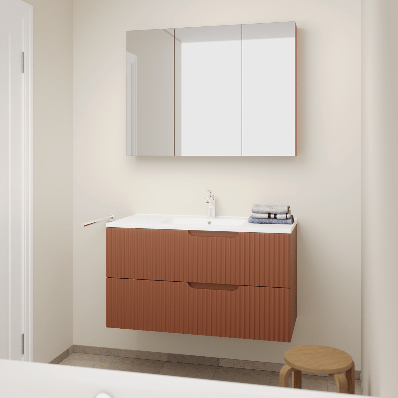 Linie Ribbo hängendes Möbelstück Set: 100 x 46 cm, Cotto, mit Vano Einzelwaschtisch, Marmorkomposit, Weiß matt, Vertikale symmetrische runde Rippe und Montro Spiegelschrank