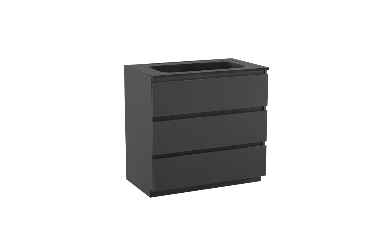 Balmani Lucida freistehendes Möbelstück Set: 90 x 55 cm, Schwarze Eiche, mit Tablo Strada Einzelwaschtisch, Marmorkomposit Schwarz matt