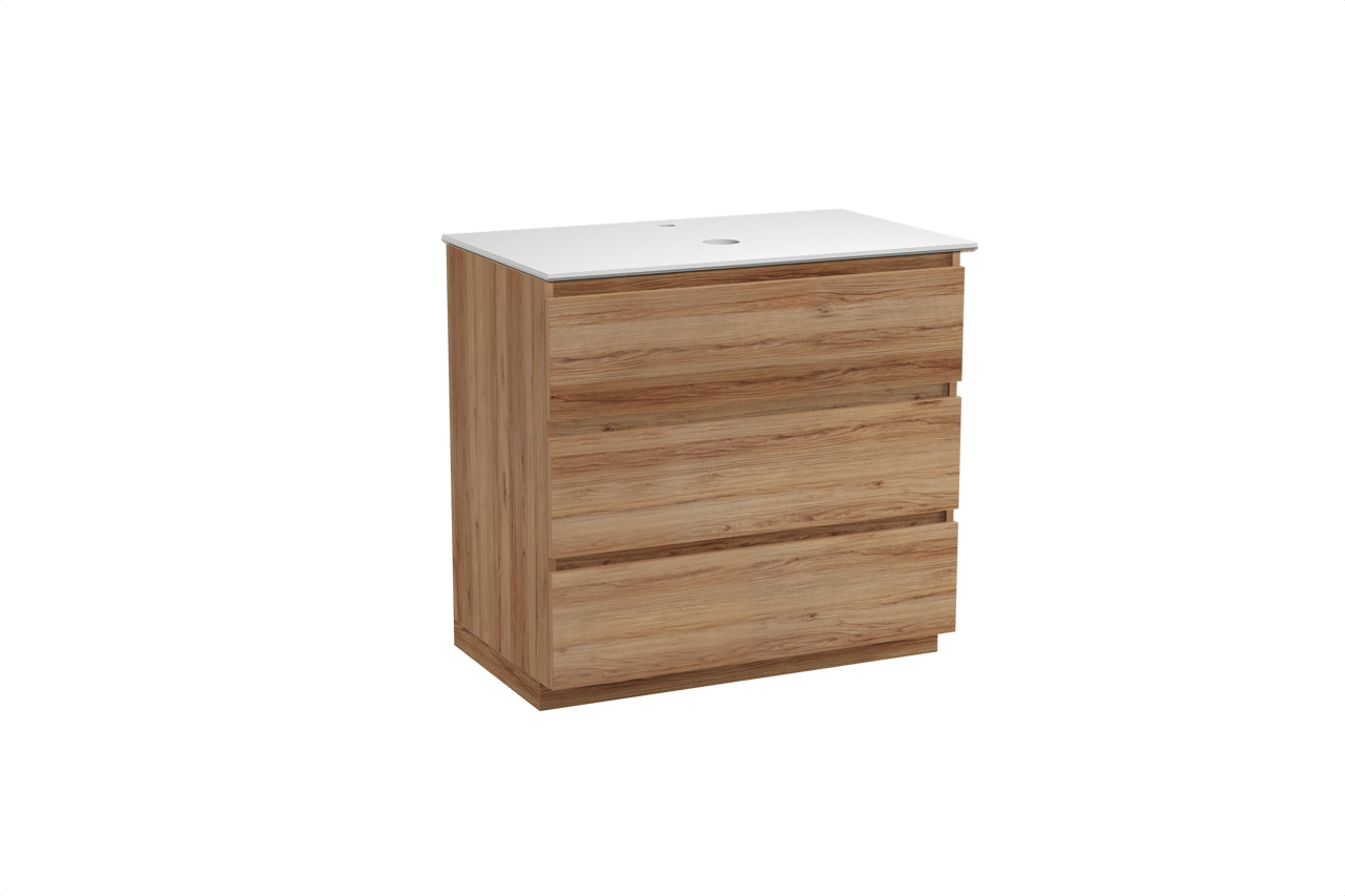 Balmani Lucida meuble salle de bains à poser 90 x 55 cm teck avec Facetta tablette simple en solid surface blanc mat