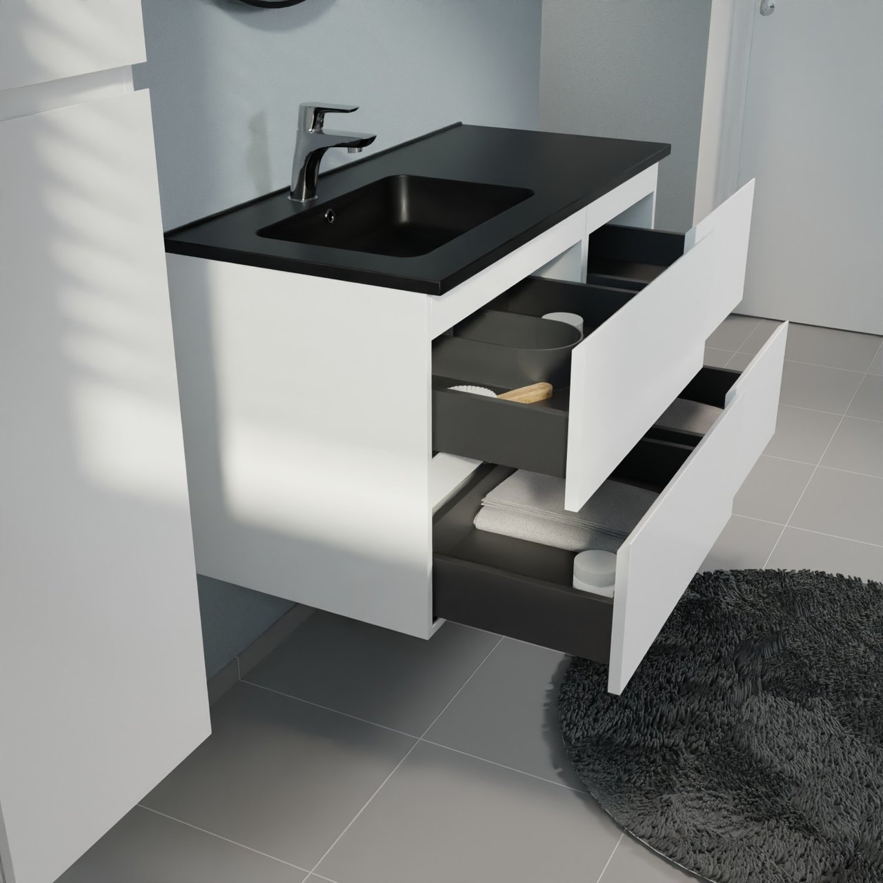 Linie Lado zwevend badkamermeubel 100 x 46 cm mat wit met Vano asymmetrisch linkse wastafel in composietmarmer mat zwart