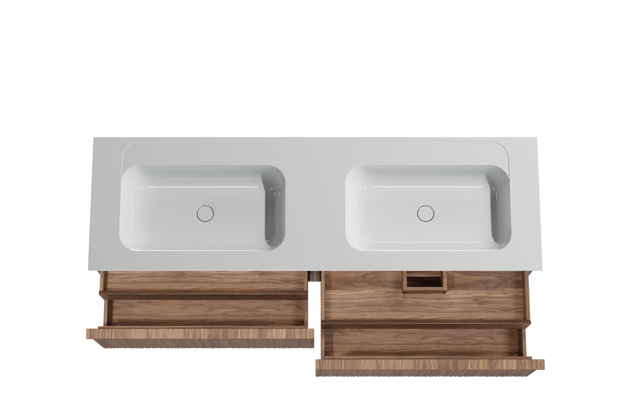 Balmani Forma meuble salle de bains suspendu 180 x 55 cm noyer américain avec Tablo Strada double vasque en marbre composite blanc brillant, Nervure circulaire asymétrique verticale