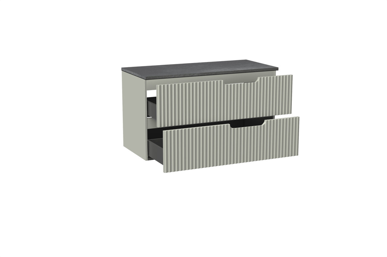 Linie Ribbo zwevend badkamermeubel 100 x 46 cm greige met Lado enkel of dubbel tablet in melamine leisteen grijs, Verticale symmetrische ronde ribbel