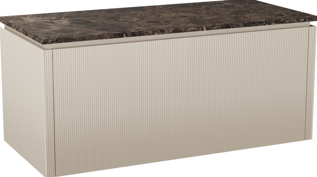 Balmani Eclips zwevend badkamermeubel 120 x 55 cm Sandbeige met Stretto enkel of dubbel tablet in Dark Emperador marmer, Verticale symmetrische rechte ribbel