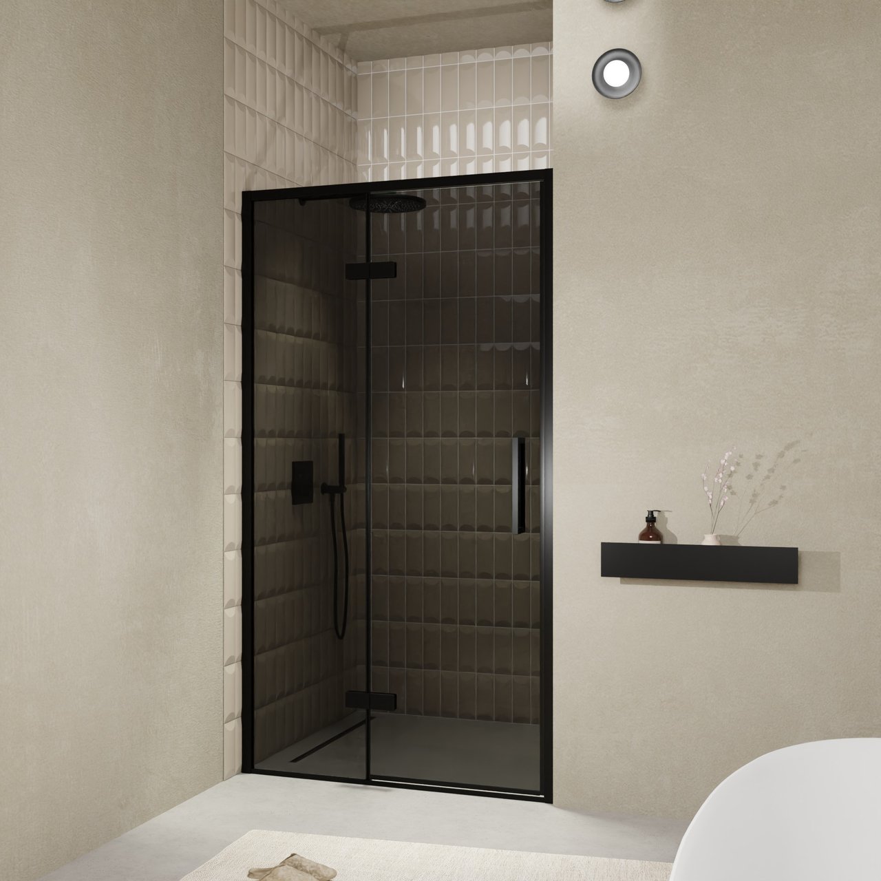 Balmani Senses Design porte pivotante à gauche 120 cm x 210 cm verre fumé, Profil noir