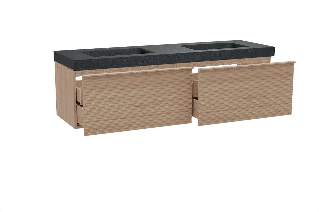 Balmani Forma zwevend badkamermeubel 180 x 55 cm natuur eik met Napoli dubbele wastafel in graniet zwart, Horizontale symmetrische rechte ribbel