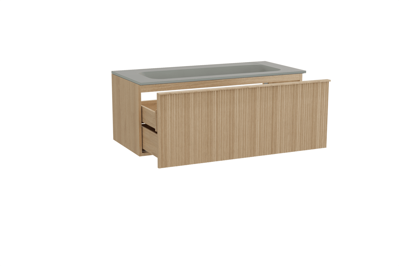 Balmani Forma hängendes Möbelstück Set: 120 x 55 cm, Naturbelassene Eiche, mit Tablo Strada Einzelwaschtisch für 2 Armaturenlöcher, Marmorkomposit, Seidengrau, Vertikale asymmetrische Runde Rippe