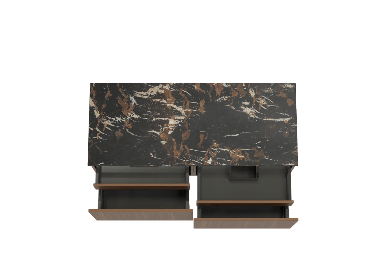 Balmani Sfera hängendes Möbelstück Set: 135 x 55 cm, Amerikanischer Nussbaum, mit Stretto Einzel- oder Doppel Waschtischplatte, Marmor Portoro Gold