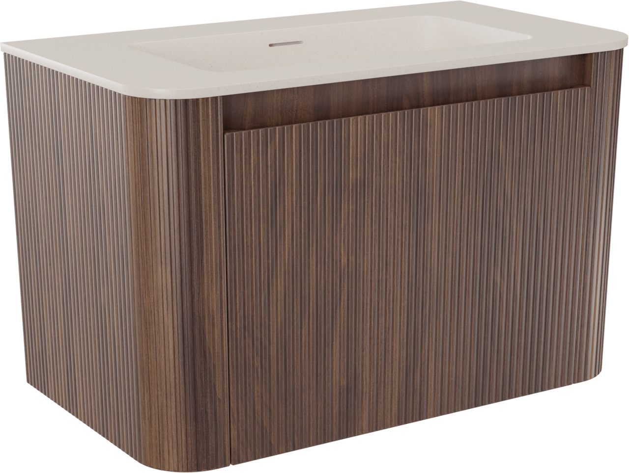 Storke Soft hängendes Möbelstück Set: 80 x 46 cm, Nussbaum, mit Mata Soft Einzelwaschtisch Solid Surface Beige Granit, Vertikale symmetrische gerade Rippe