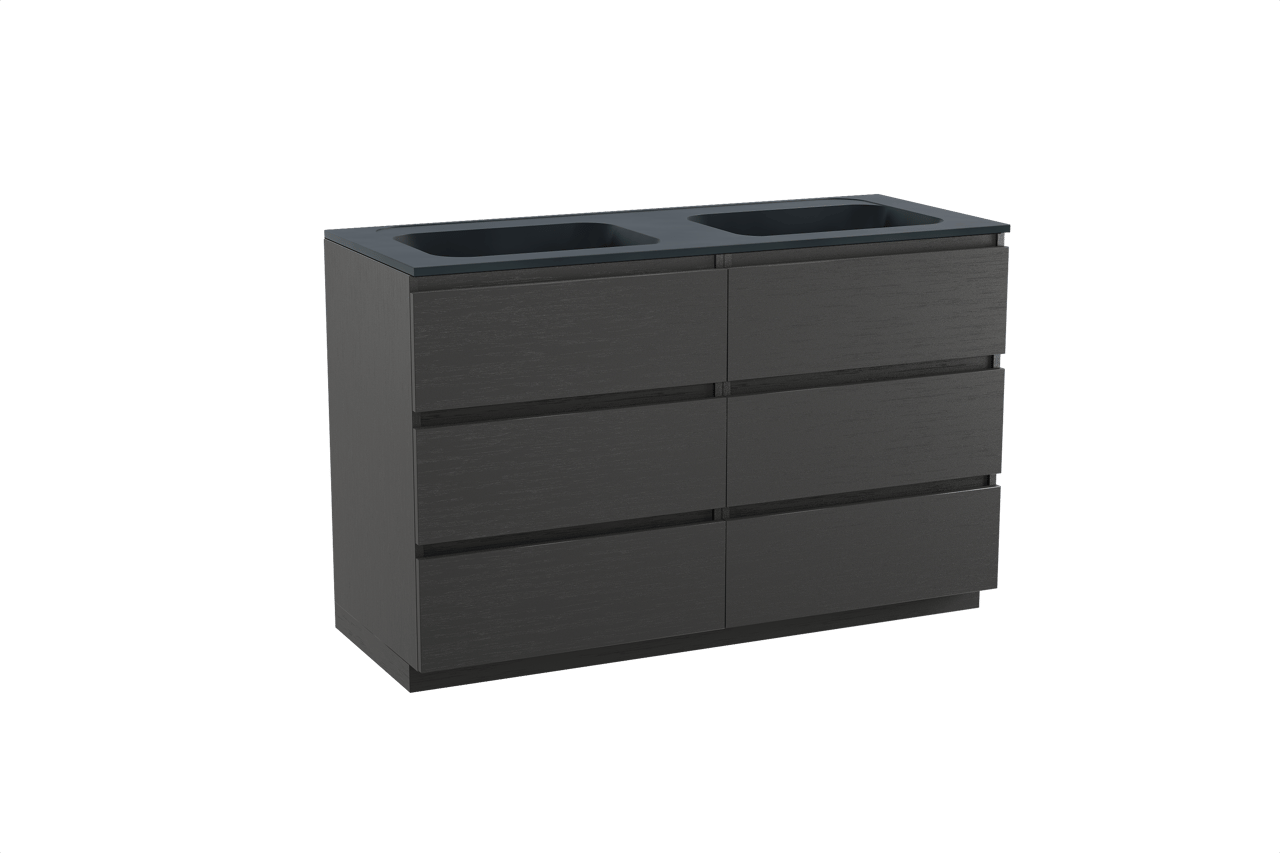 Balmani Lucida meuble salle de bains à poser 135 x 55 cm chêne noir avec Tablo Strada double vasque en marbre composite noir mat