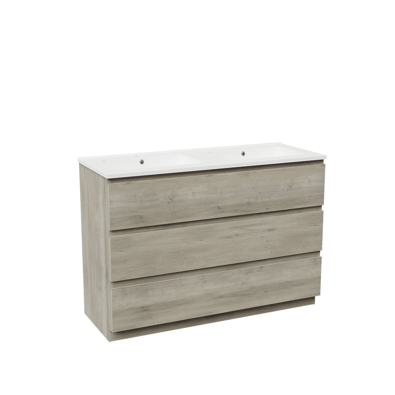 Linie Lado staand badmeubel 120 x 46 cm grijs eiken met Vano dubbele wastafel in composietmarmer mat wit