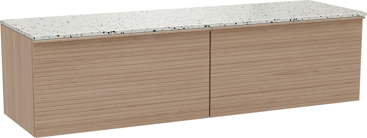 Balmani Forma zwevend badmeubel 180 x 55 cm naturel eiken met Stretto enkel of dubbel wastafelblad in mat wit/zwart terrazzo, Horizontale symmetrische rechte ribbel