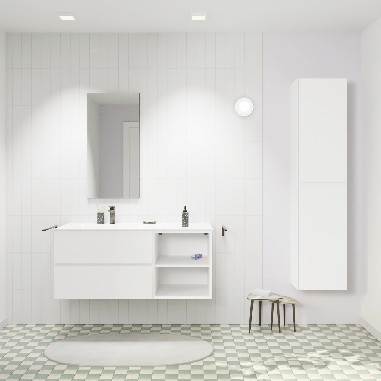 Storke Edge hängendes Möbelstück Set: 120 x 52 cm, Weiß matt, mit Mata Waschtisch links, Solid Surface Weiß matt