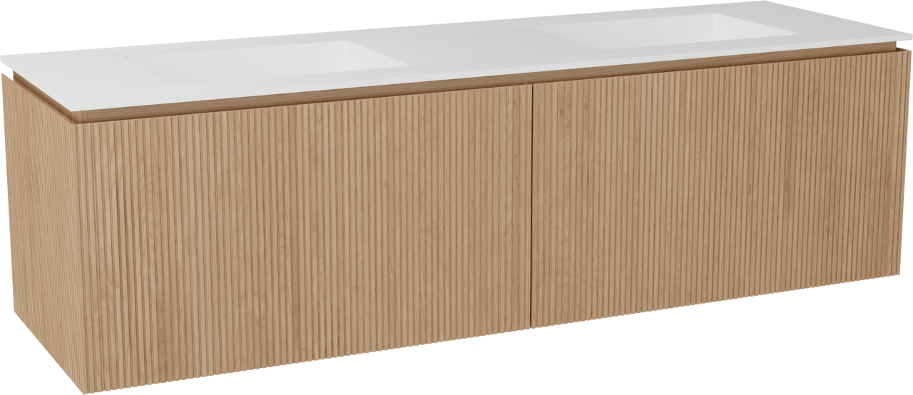 Balmani Eclips zwevend badkamermeubel 180 x 55 cm Natuur eik met Tablo Stretto dubbele wastafel in Solid Surface mat wit, Verticale symmetrische rechte ribbel