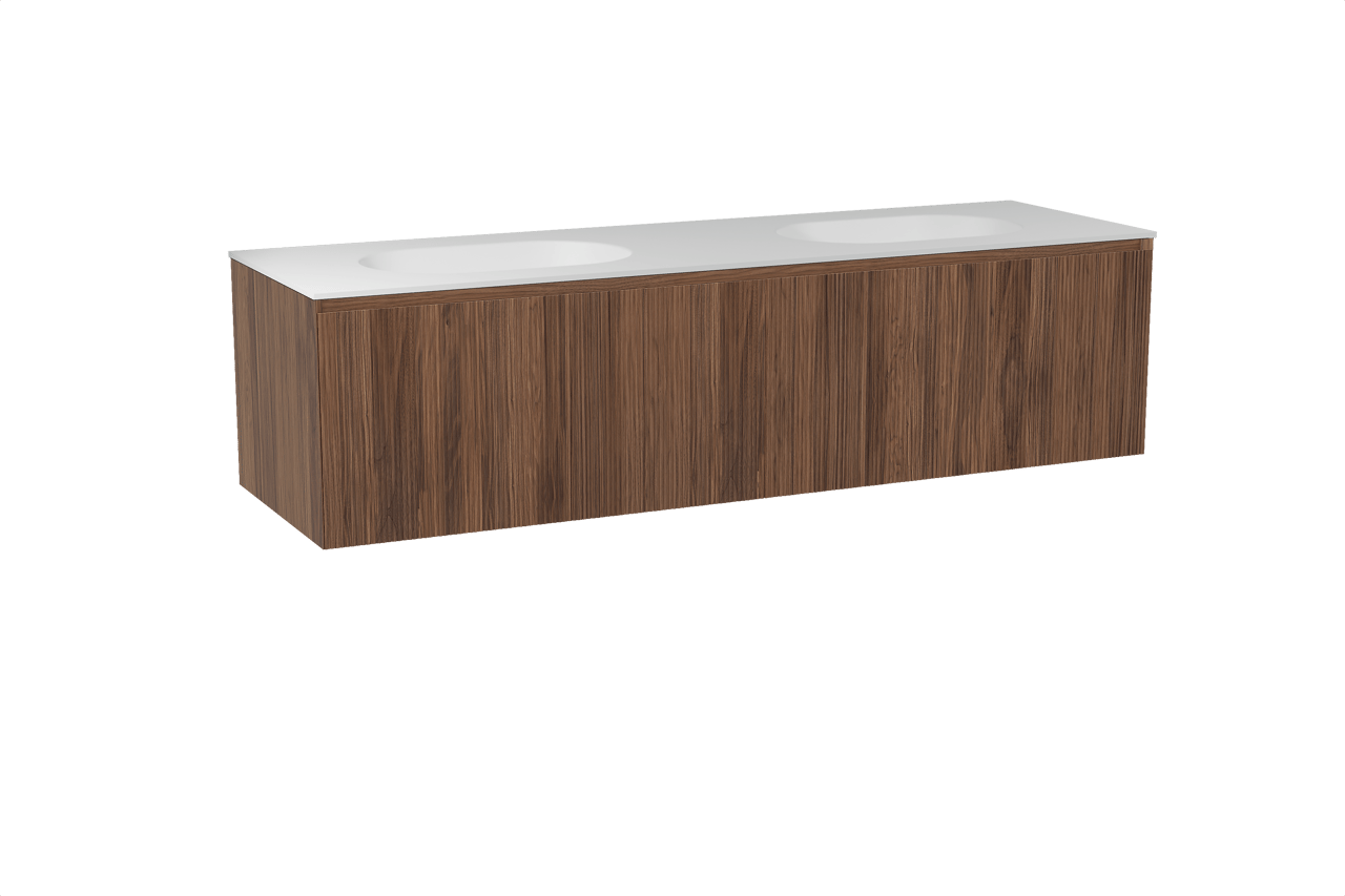 Balmani Fila hängendes Möbelstück Set: 180 x 55 cm, Nussbaum, mit Tablo Oval Doppelwaschtisch, Solid Surface, Weiß matt, Vertikale symmetrische gerade Rippe