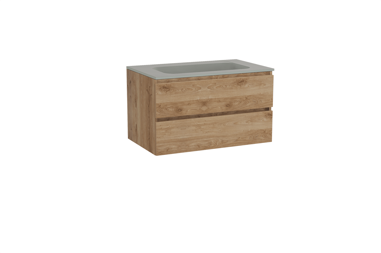 Balmani Lucida hängendes Möbelstück Set: 90 x 55 cm, Rohe Eiche, mit Tablo Strada Einzelwaschtisch, Marmorkomposit Seidengrau