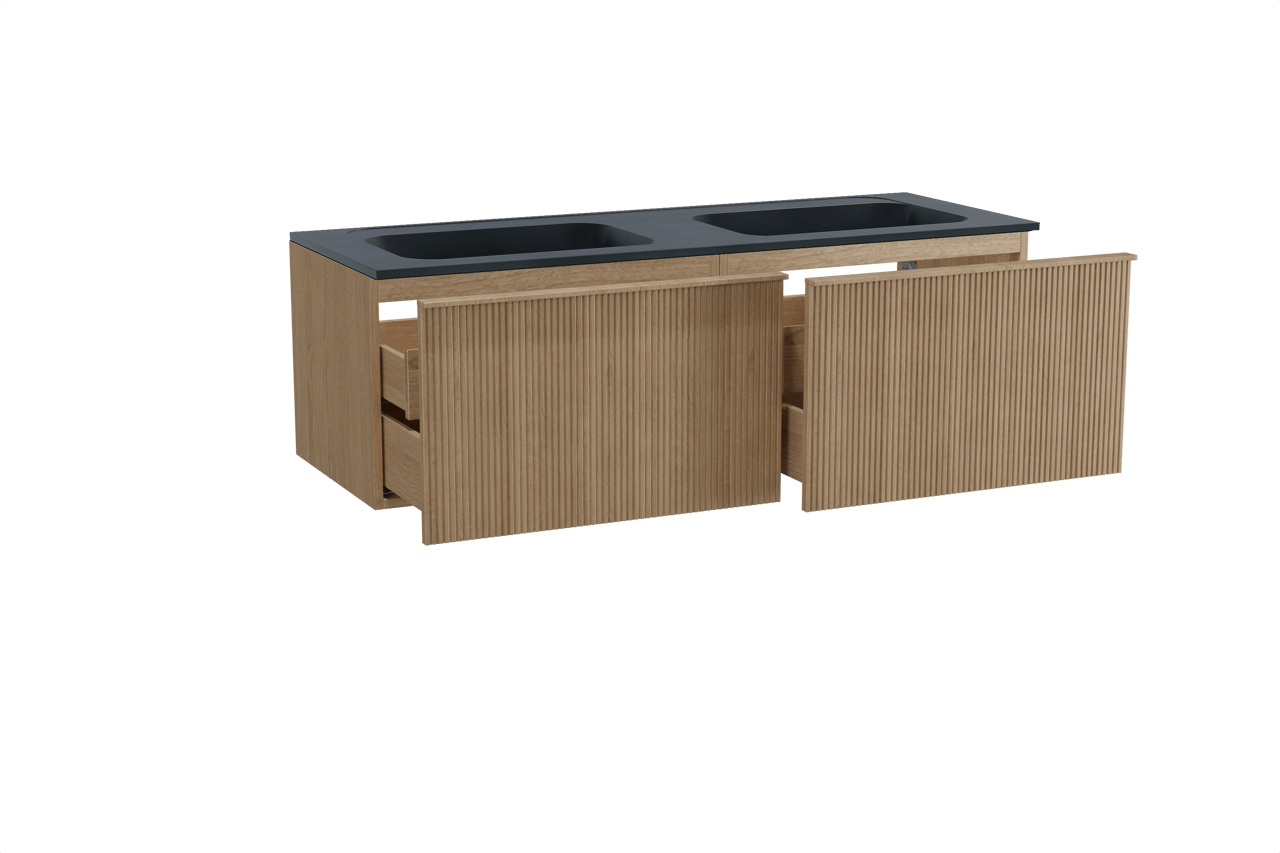 Balmani Forma zwevend badmeubel 150 x 55 cm naturel eiken met Tablo Strada dubbele wastafel in composietmarmer mat zwart, Verticale symmetrische rechte ribbel