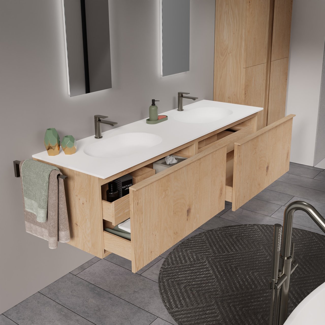 Balmani Forma hängendes Möbelstück Set: 180 x 55 cm, Naturbelassene Eiche, mit Tablo Oval Doppelwaschtisch, Solid Surface, Weiß matt, Vertikale symmetrische gerade Rippe