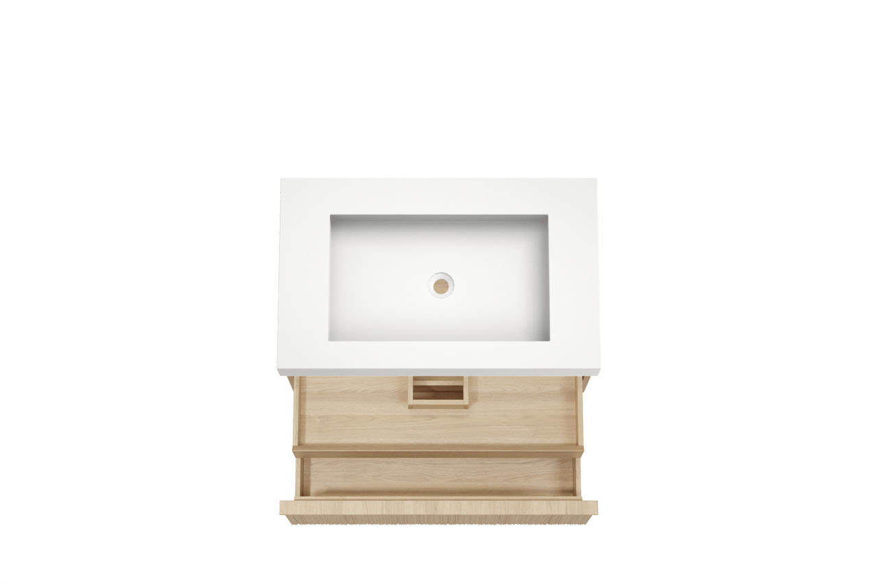 Balmani Forma meuble salle de bains suspendu 90 x 55 cm chêne naturel avec Modus plan simple en solid surface blanc mat, Nervure circulaire asymétrique verticale
