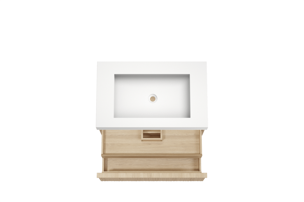 Balmani Forma meuble salle de bains suspendu 90 x 55 cm chêne naturel avec Modus plan simple en solid surface blanc mat, Nervure circulaire asymétrique verticale