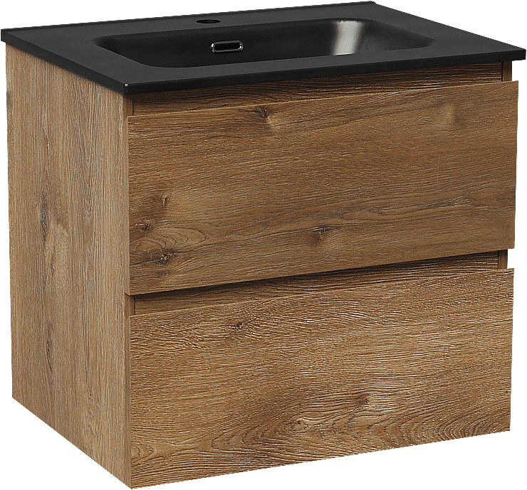 Linie Lado zwevend badmeubel 60 x 46 cm bruin eiken met Baro enkele wastafel in porselein mat zwart