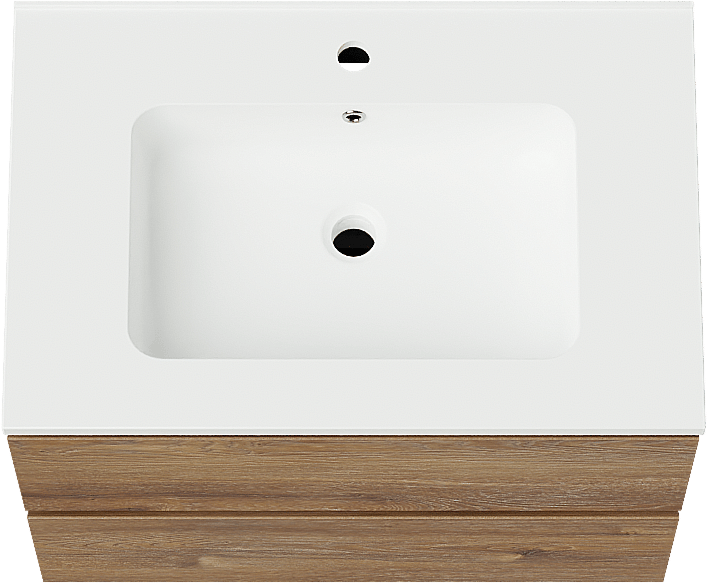 Linie Lado hängendes Möbelstück Set: 70 x 46 cm, Braune Eiche, mit Vano Einzelwaschtisch, Marmorkomposit Weiß matt