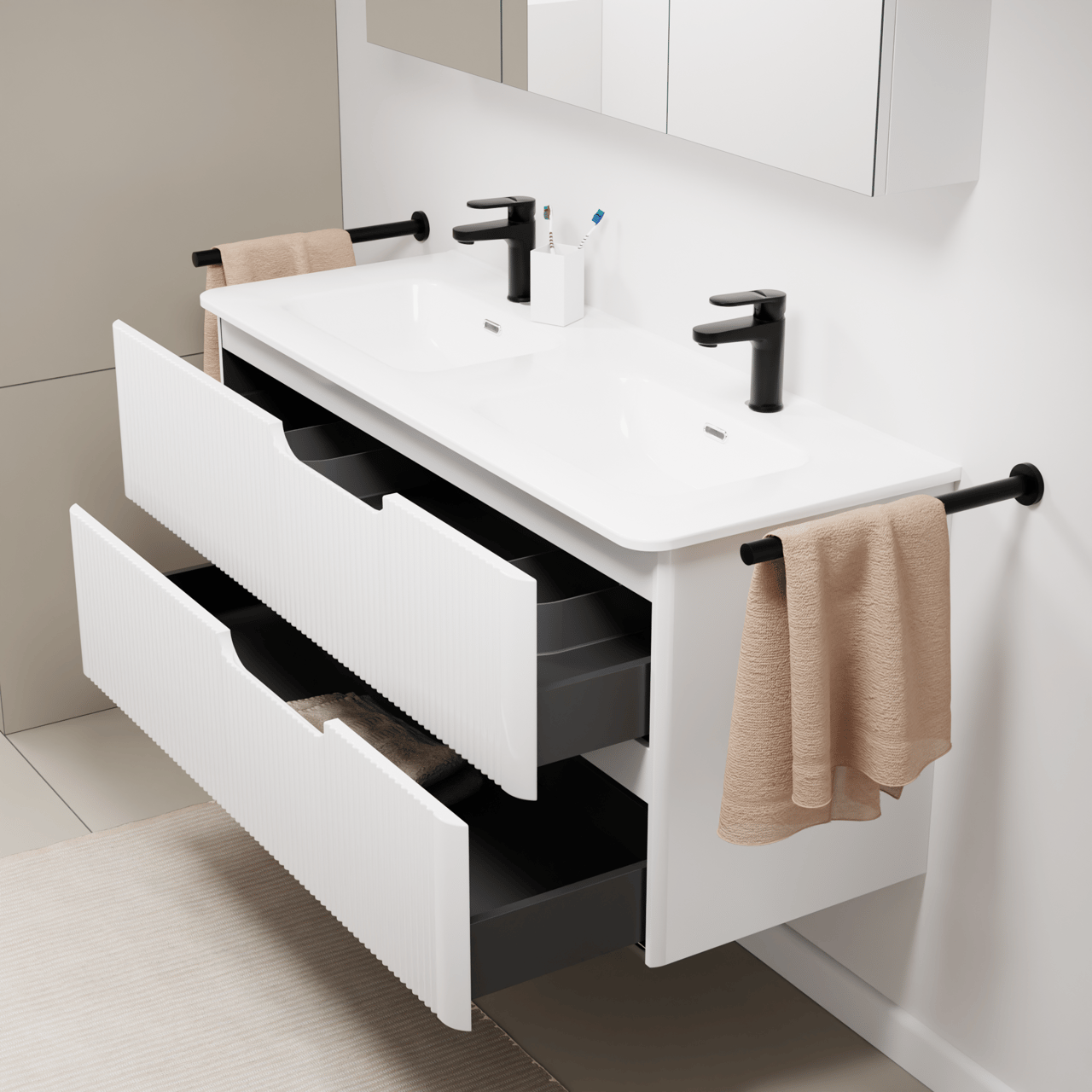 Linie Curvo zwevend badmeubel 120 x 46 cm hoogglans wit met Baro Curvo dubbele wastafel in porselein hoogglans wit, Verticale symmetrische ronde ribbel