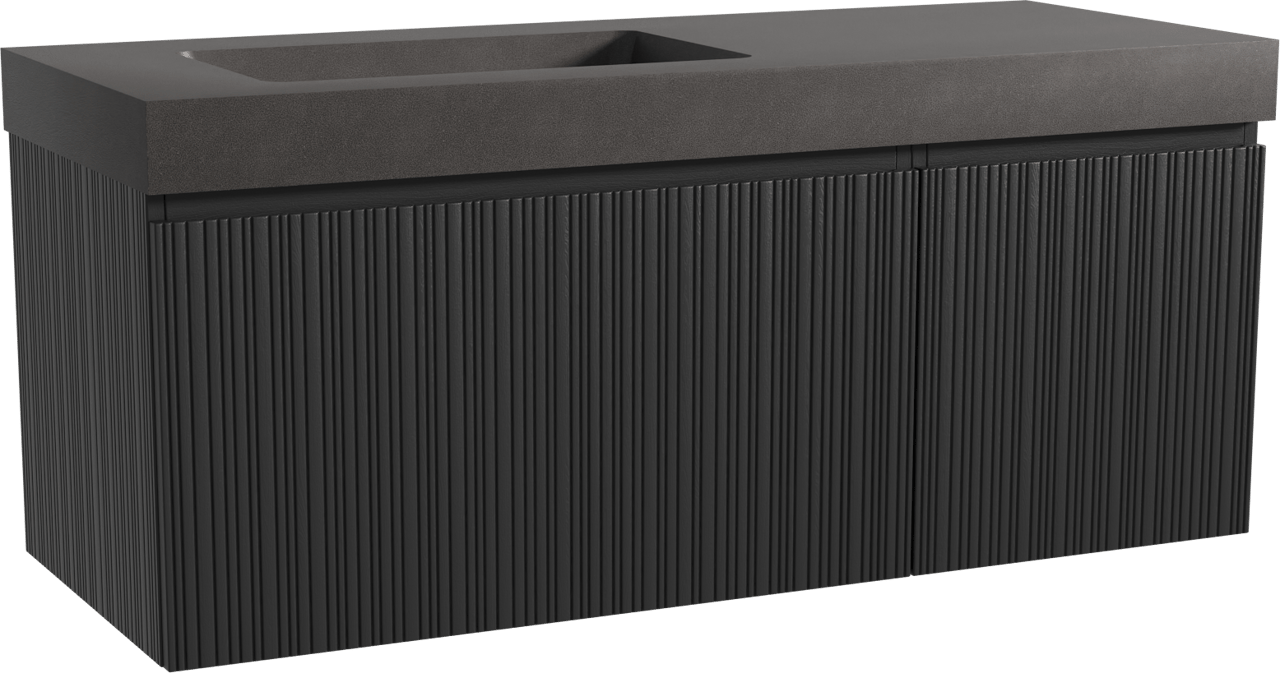 Storke Ribs zwevend badmeubel 130 x 52 cm zwart eiken met Scuro High asymmetrisch linkse wastafel in kwarts mat zwart, Verticale asymmetrische rechte ribbel