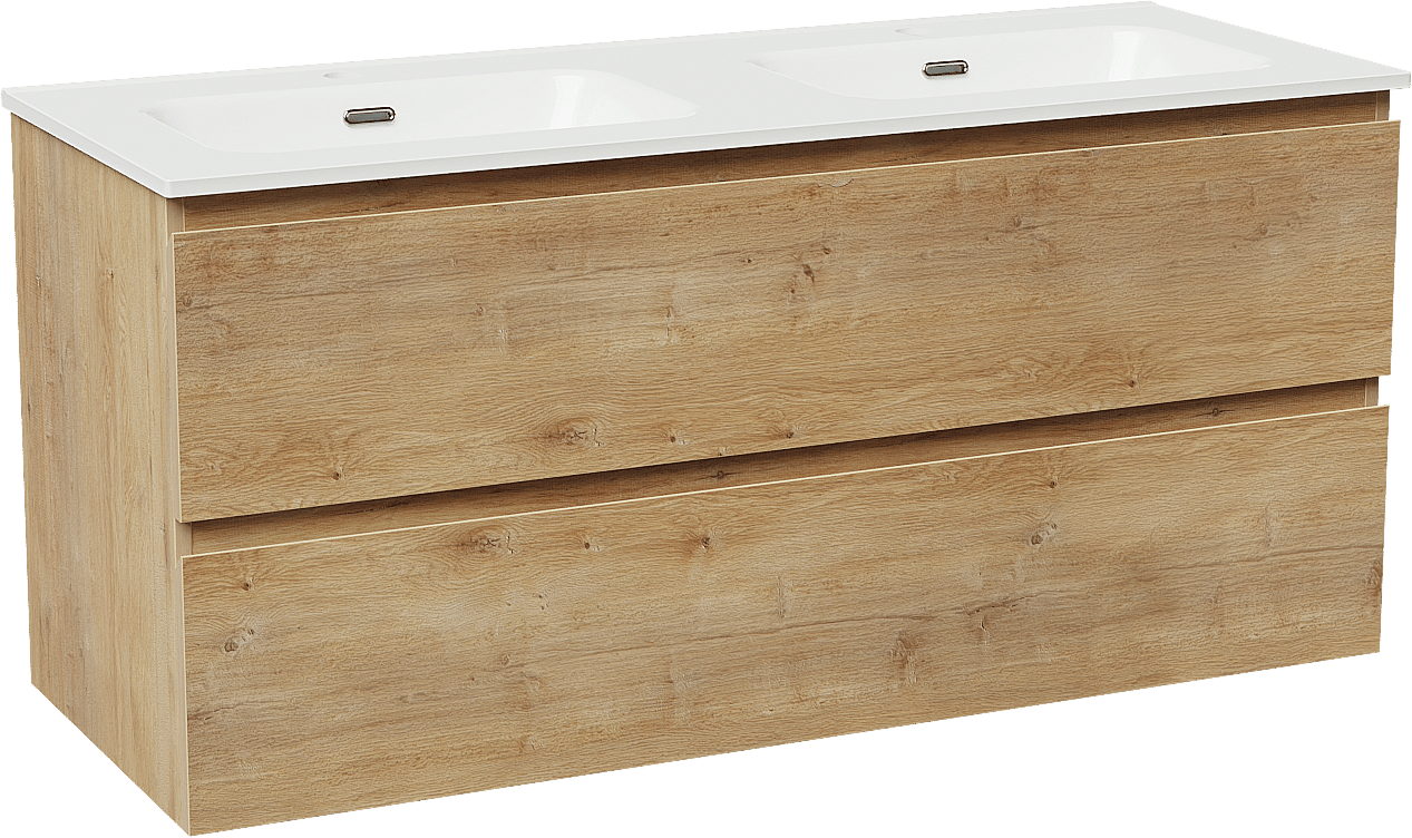 Linie Lado zwevend badkamermeubel 120 x 46 cm natuur eik met Baro dubbele wastafel in porselein glanzend wit