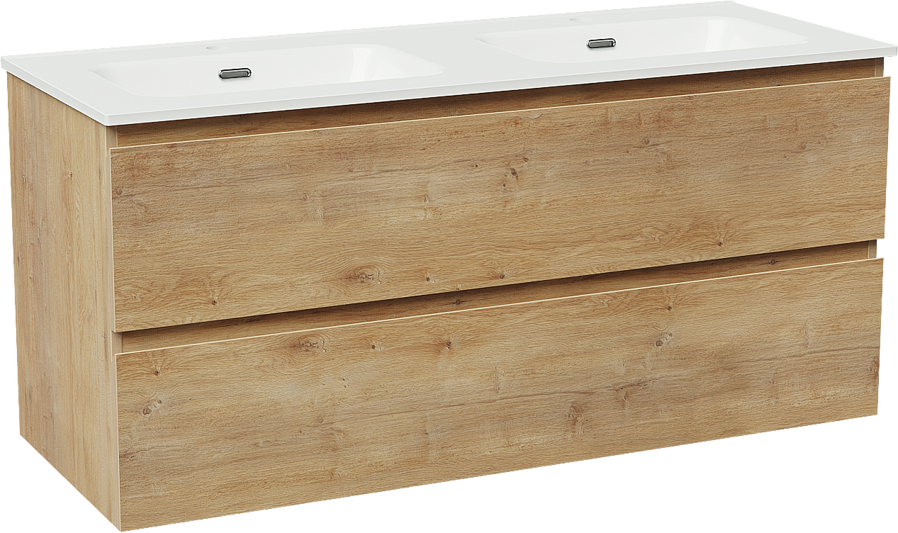 Linie Lado zwevend badmeubel 120 x 46 cm naturel eiken met Baro dubbele wastafel in porselein hoogglans wit
