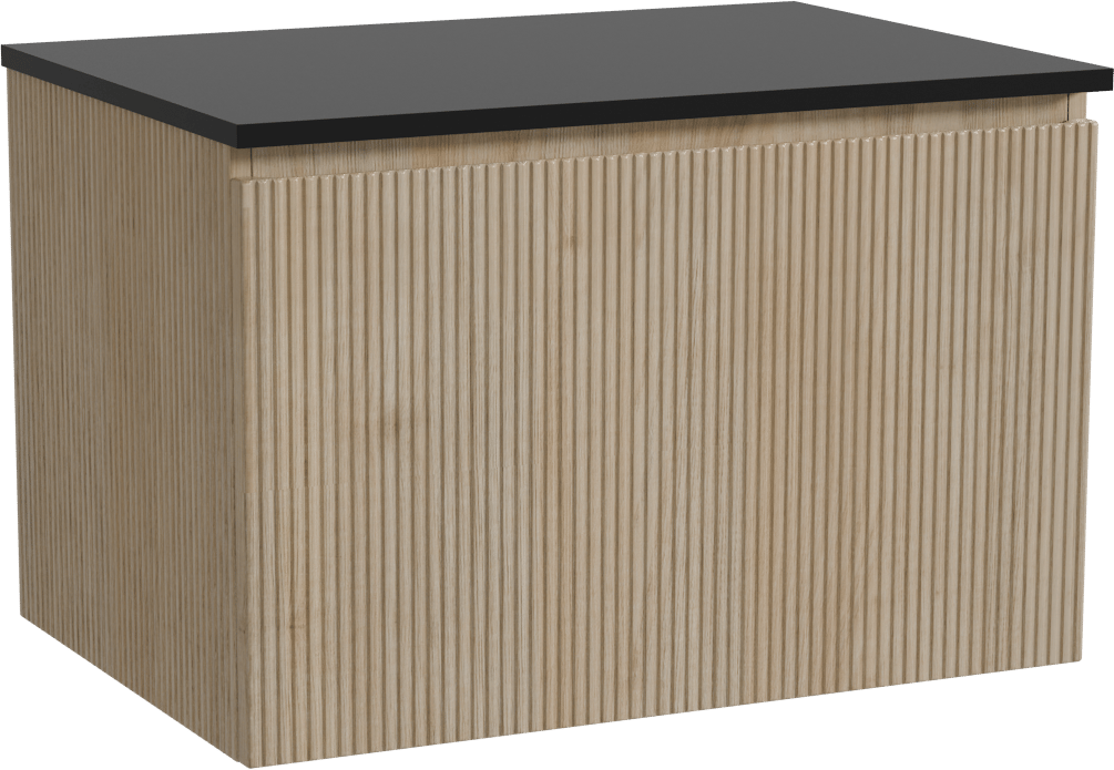 Storke Ribs zwevend badmeubel 75 x 52 cm ruw eiken met Panton enkel wastafelblad in gepoedercoate mdf mat zwart, Verticale symmetrische rechte ribbel