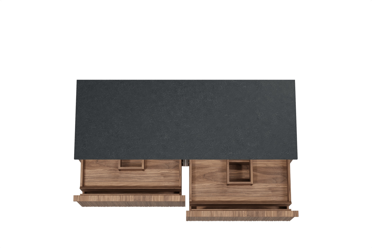 Balmani Forma zwevend badmeubel 150 x 55 cm amerikaans notenhout met Stretto enkel of dubbel wastafelblad in zwart graniet, Verticale asymmetrische ronde ribbel