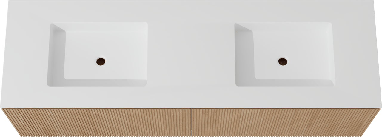 Balmani Eclips zwevend badkamermeubel 180 x 55 cm Natuur eik met Tablo Stretto dubbele wastafel in Solid Surface mat wit, Verticale symmetrische rechte ribbel