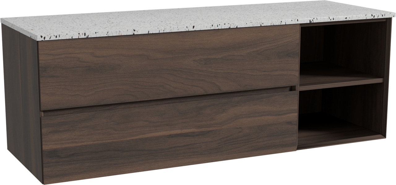 Storke Edge meuble salle de bains suspendu 150 x 52 cm noyer avec Tavola tablette simple ou double en blanc/noir mat terrazzo