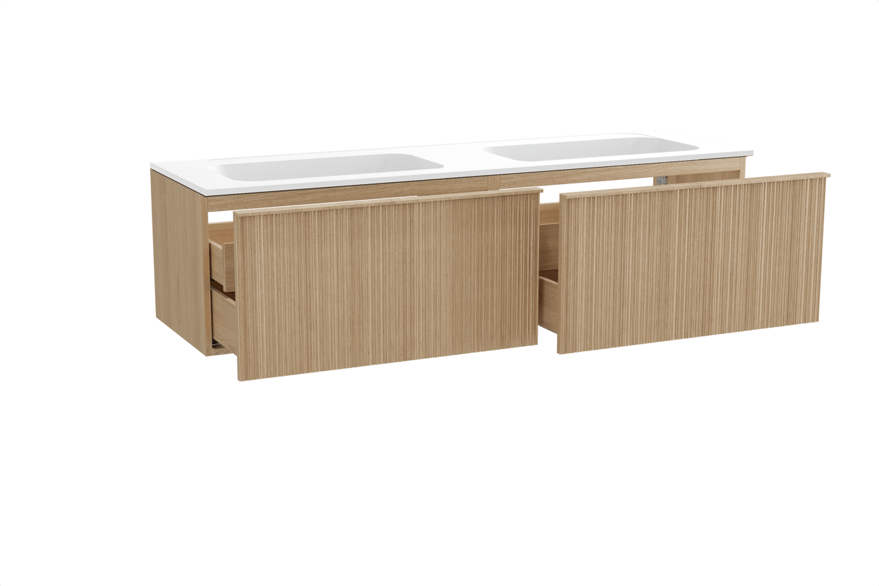 Balmani Forma hängendes Möbelstück Set: 180 x 55 cm, Naturbelassene Eiche, mit Tablo Strada Doppelwaschtisch, Marmorkomposit, Weiß matt, Vertikale asymmetrische Runde Rippe