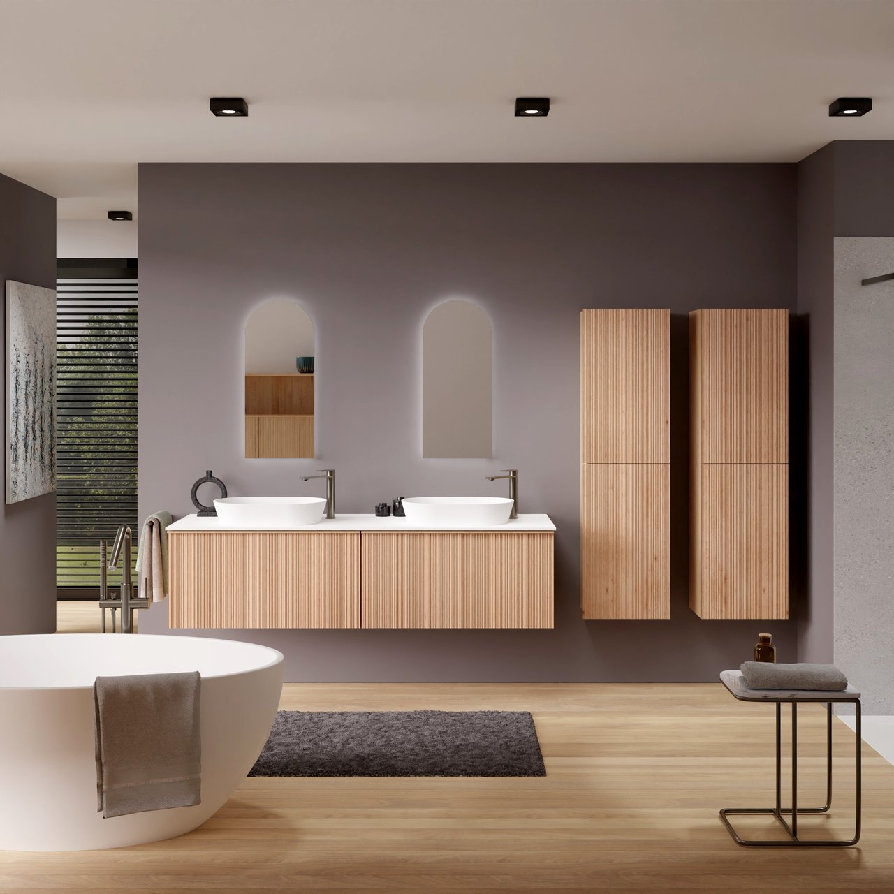 Balmani Forma zwevend badkamermeubel 180 x 55 cm natuur eik met Stretto enkel of dubbel tablet in solid surface mat wit, Verticale asymmetrische ronde ribbel