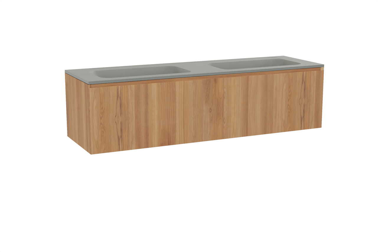 Balmani Idra hängendes Möbelstück Set: 180 x 55 cm, Teak, mit Tablo Strada Doppelwaschtisch, Marmorkomposit Seidengrau