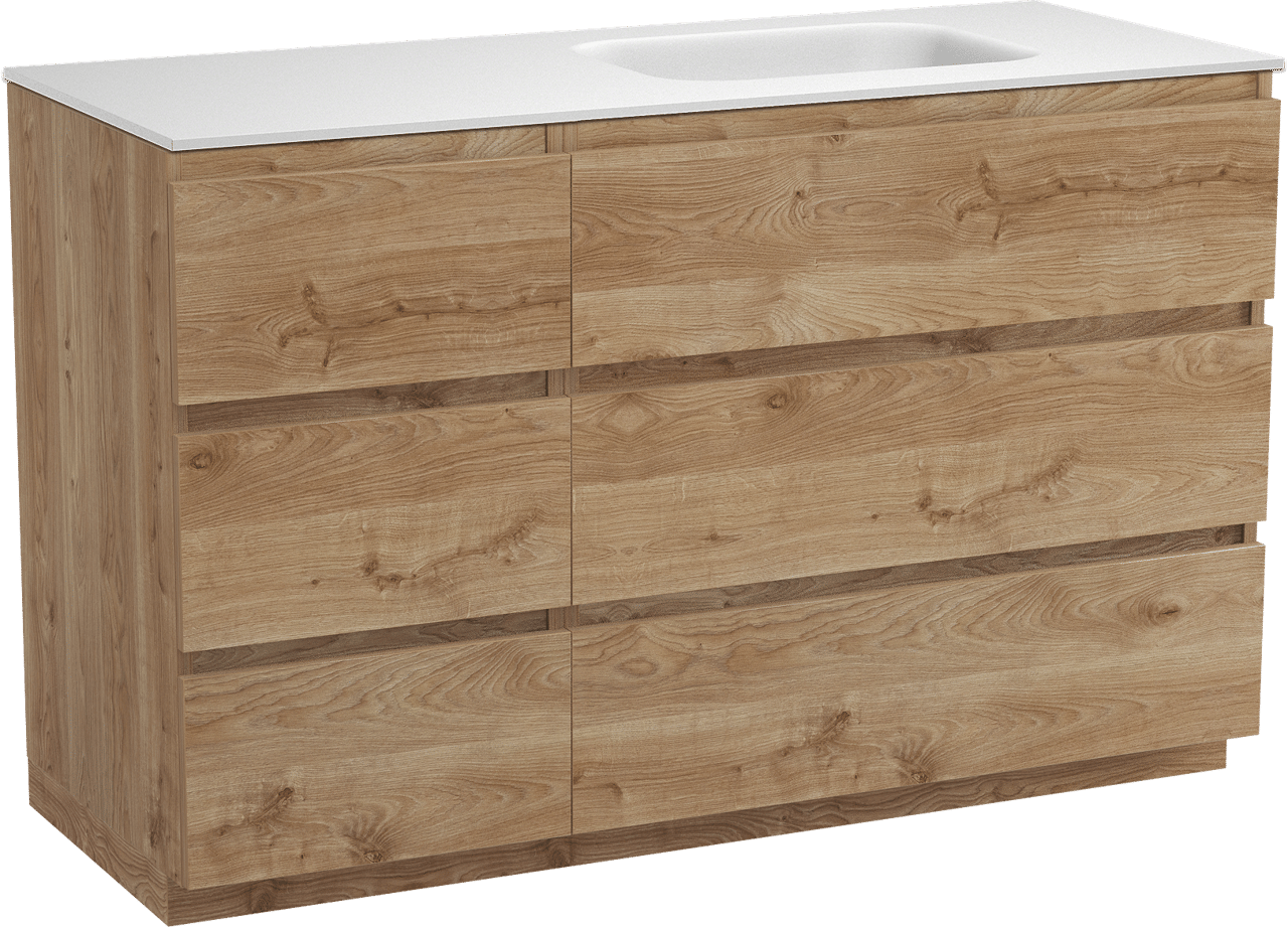 Balmani Lucida staand badkamermeubel 135 x 55 cm ruwe eik met Tablo Arcato asymmetrisch rechtse wastafel in solid surface mat wit