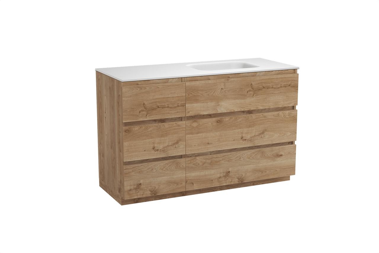 Balmani Lucida freistehendes Möbelstück Set: 135 x 55 cm, Rohe Eiche, mit Tablo Arcato Waschtisch rechts, Solid Surface Weiß matt